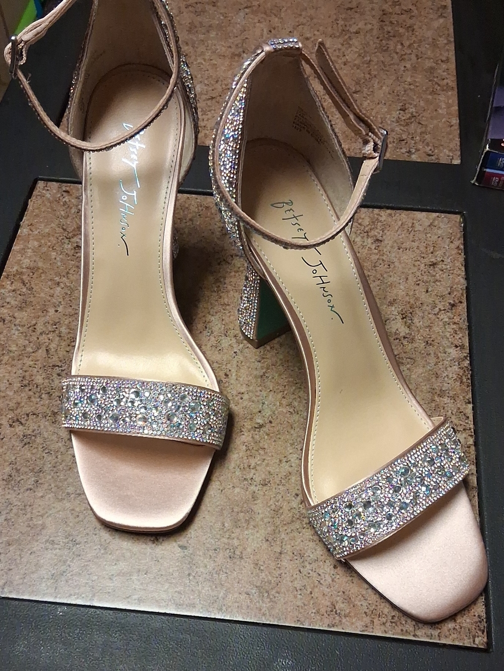 Betsey Johnson Crystal-Embellished Blush Pink Block Heel Sandals